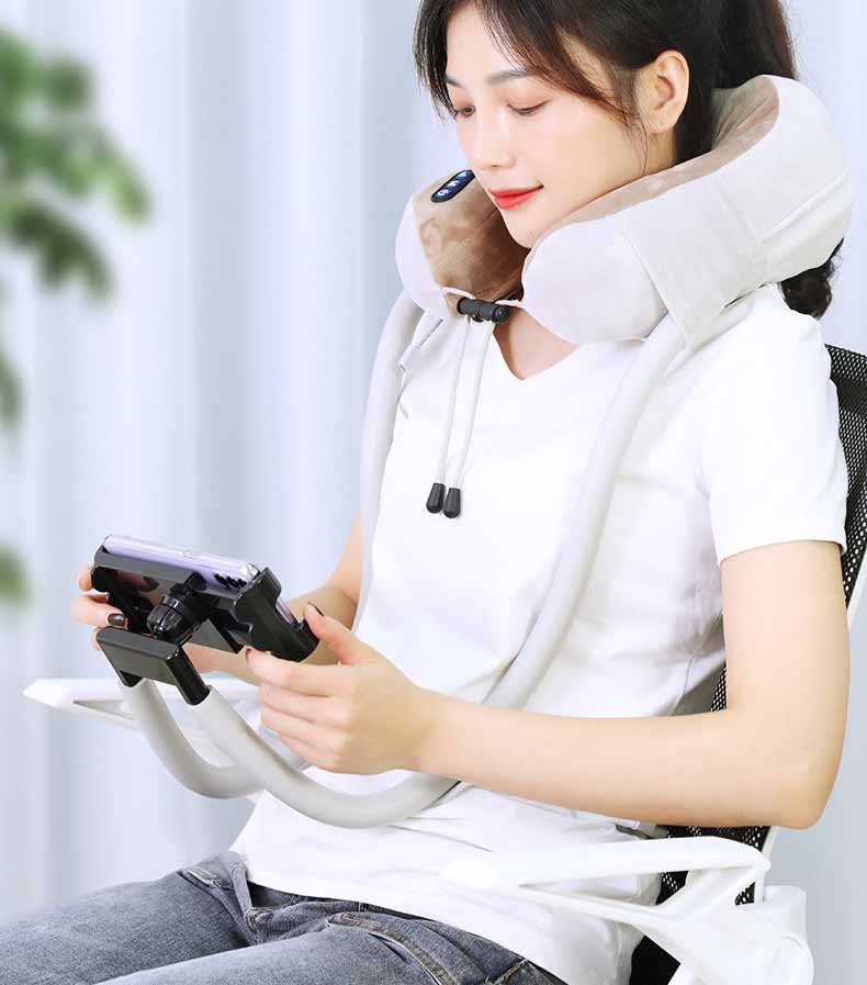 U-Shaped Neck Massage Pillow with Lazy Phone Holder – Rechargeable, 3-Speed Vibration