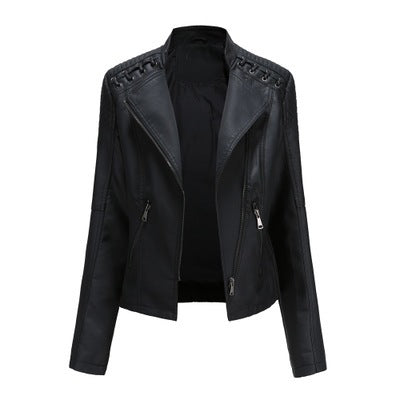 Women's Slim PU Leather Motorcycle Jacket – Lapel, Long Sleeve, Sizes S–XXXL