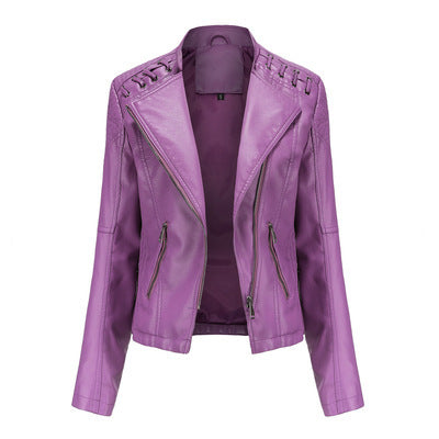 Women's Slim PU Leather Motorcycle Jacket – Lapel, Long Sleeve, Sizes S–XXXL