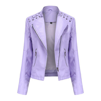 Women's Slim PU Leather Motorcycle Jacket – Lapel, Long Sleeve, Sizes S–XXXL