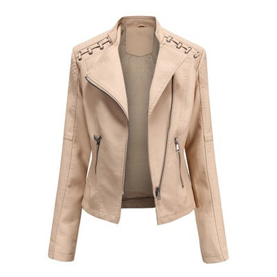 Women's Slim PU Leather Motorcycle Jacket – Lapel, Long Sleeve, Sizes S–XXXL