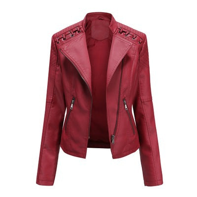 Women's Slim PU Leather Motorcycle Jacket – Lapel, Long Sleeve, Sizes S–XXXL
