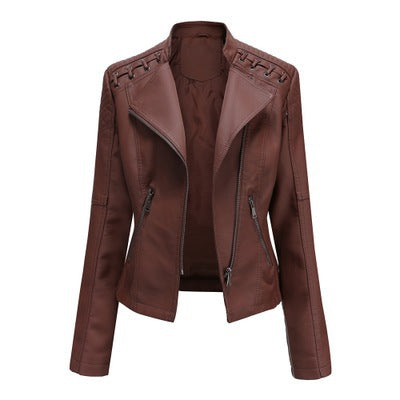 Women's Slim PU Leather Motorcycle Jacket – Lapel, Long Sleeve, Sizes S–XXXL