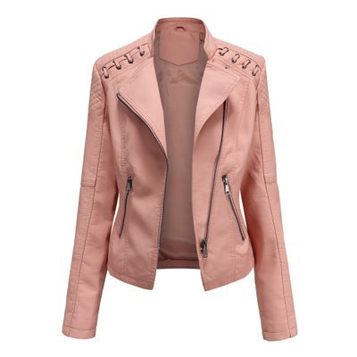Women's Slim PU Leather Motorcycle Jacket – Lapel, Long Sleeve, Sizes S–XXXL