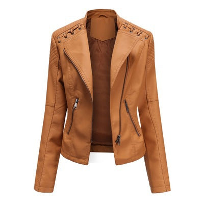 Women's Slim PU Leather Motorcycle Jacket – Lapel, Long Sleeve, Sizes S–XXXL