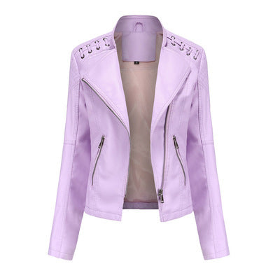 Women's Slim PU Leather Motorcycle Jacket – Lapel, Long Sleeve, Sizes S–XXXL
