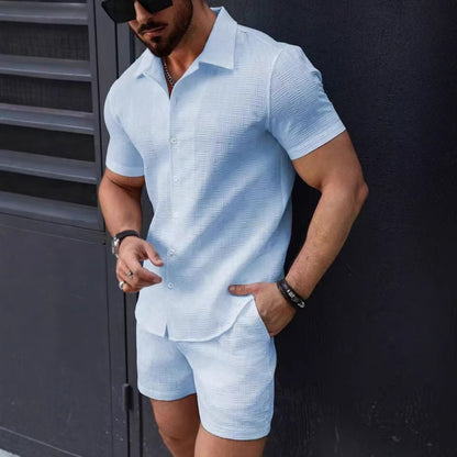 Men's Summer Casual Beach 2-Piece Set – Short Sleeve Shirt & Shorts, 5 Colors, S–XXL