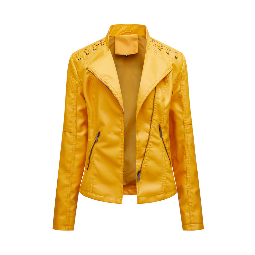 Women's Slim PU Leather Motorcycle Jacket – Lapel, Long Sleeve, Sizes S–XXXL