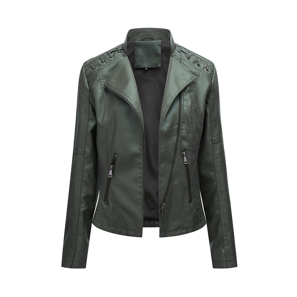 Women's Slim PU Leather Motorcycle Jacket – Lapel, Long Sleeve, Sizes S–XXXL