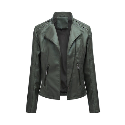 Women's Slim PU Leather Motorcycle Jacket – Lapel, Long Sleeve, Sizes S–XXXL