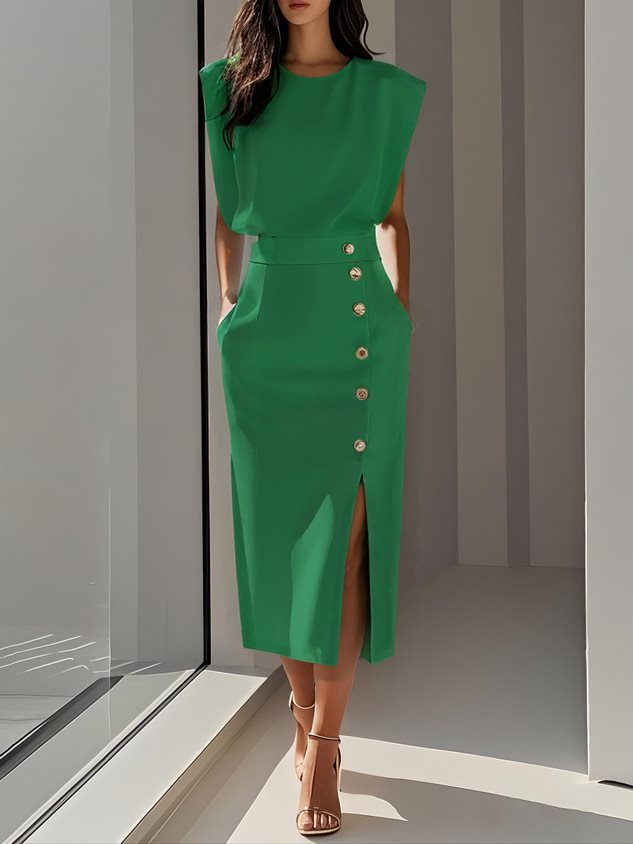 Women's Summer Sleeveless Split Midi Dress with Buttons – High Waist, 7 Colors, Sizes S–XXL