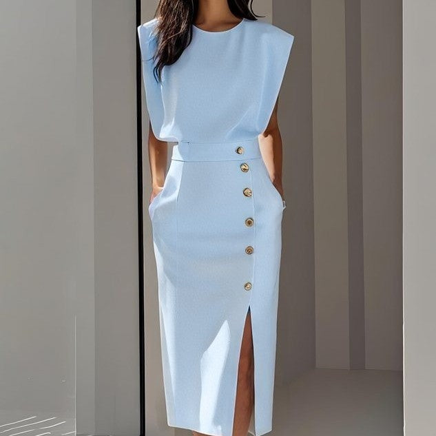 Women's Summer Sleeveless Split Midi Dress with Buttons – High Waist, 7 Colors, Sizes S–XXL