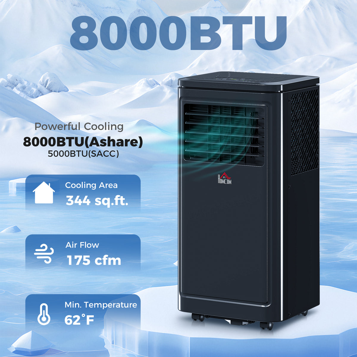 8,000 BTU Portable Air Conditioner with Remote – Cools Up to 344 Sq. Ft., Evaporative Cooler