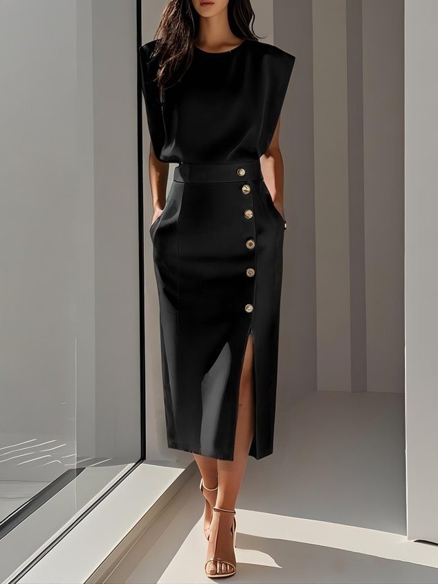 Women's Summer Sleeveless Split Midi Dress with Buttons – High Waist, 7 Colors, Sizes S–XXL