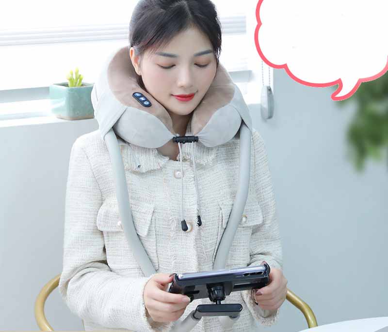 U-Shaped Neck Massage Pillow with Lazy Phone Holder – Rechargeable, 3-Speed Vibration