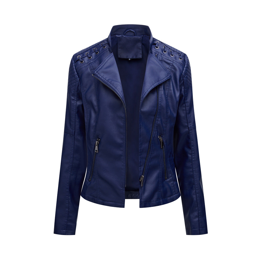Women's Slim PU Leather Motorcycle Jacket – Lapel, Long Sleeve, Sizes S–XXXL