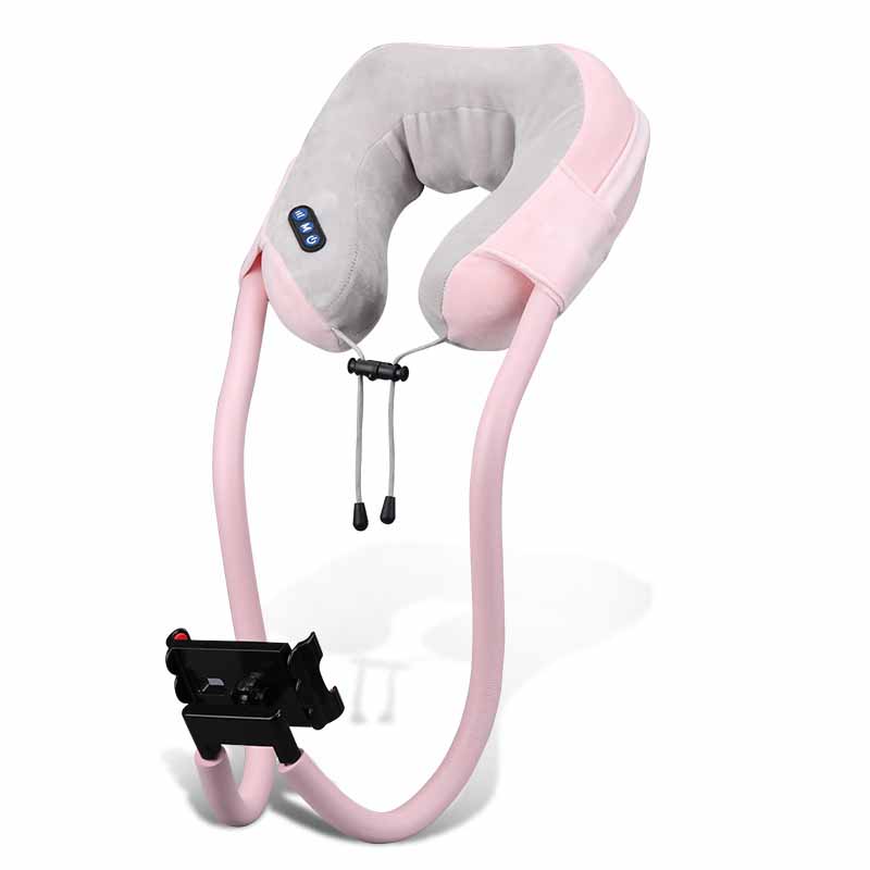 U-Shaped Neck Massage Pillow with Lazy Phone Holder – Rechargeable, 3-Speed Vibration