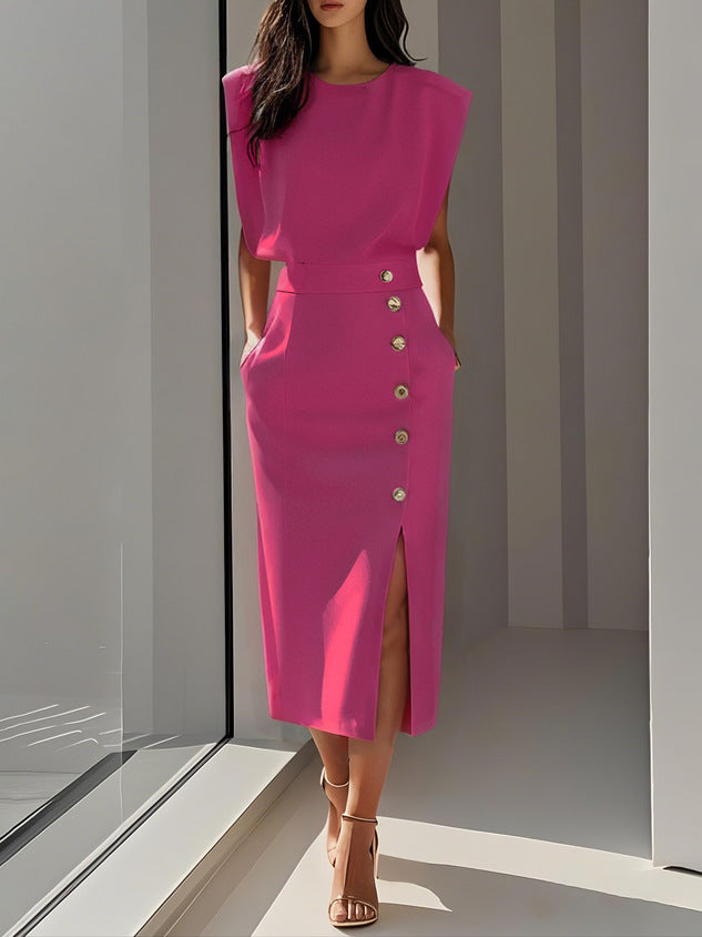 Women's Summer Sleeveless Split Midi Dress with Buttons – High Waist, 7 Colors, Sizes S–XXL