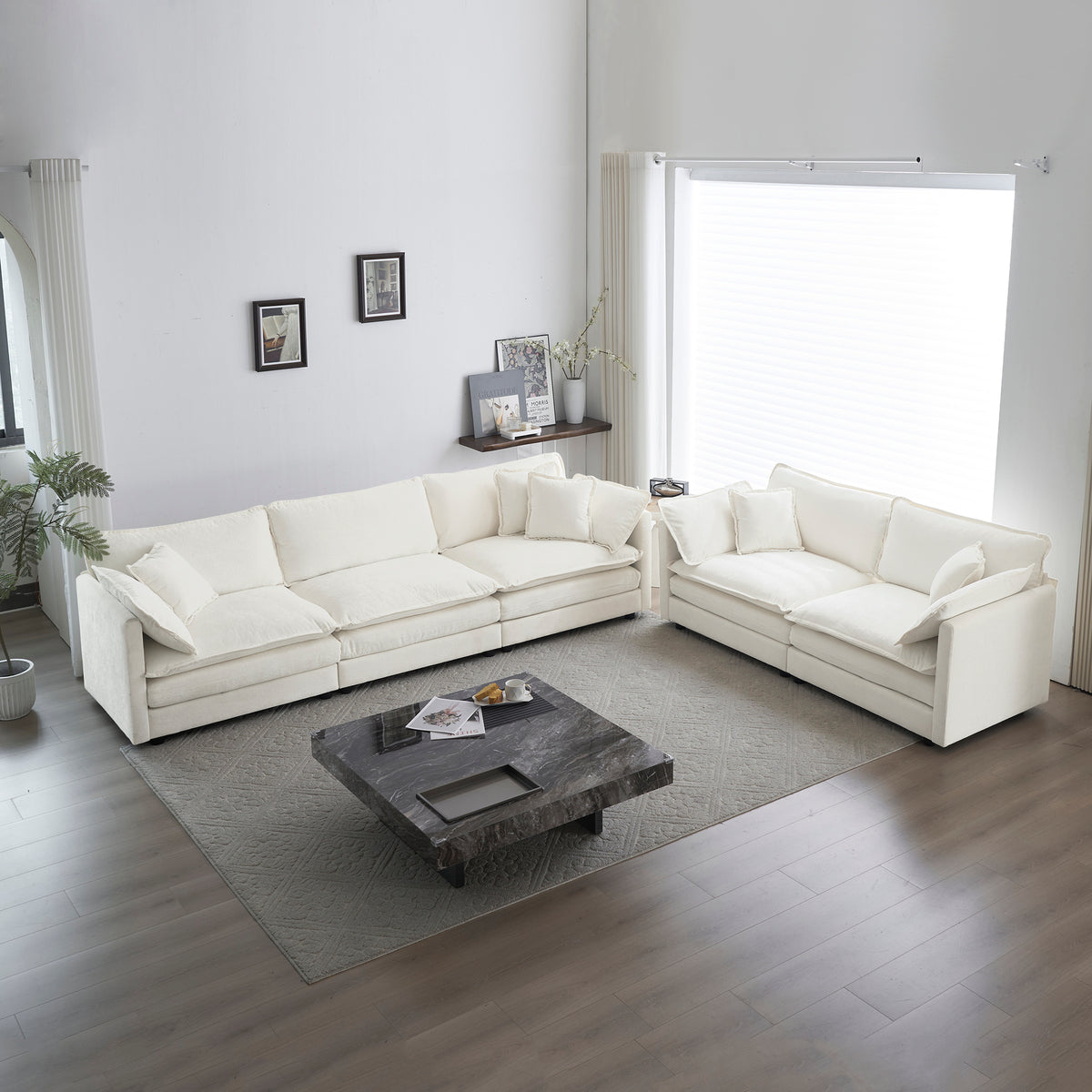 White Chenille Sofa Set – 2+3 Seater Modern Living Room Couch, Deep Seat, Solid Wood Frame